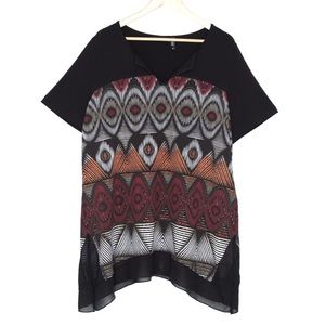 Claire france 3X printed tunic with chiffon at hem